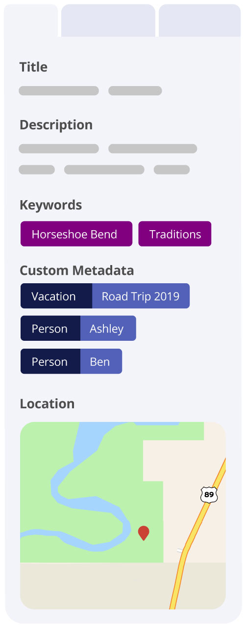Mockup of the metadata from a Scott family photo taken at Horseshoe Bend in Page, Arizona. Users can categorize files with simple keywords or custom metadata containing a subject:term.